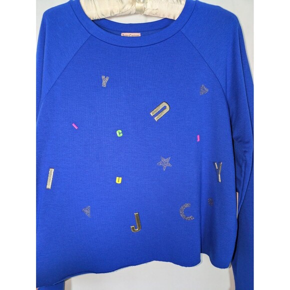 Juicy Couture Sweater L Women's Blue Spell Out Raw Hem Long Sleeve Pullover - Picture 2 of 8